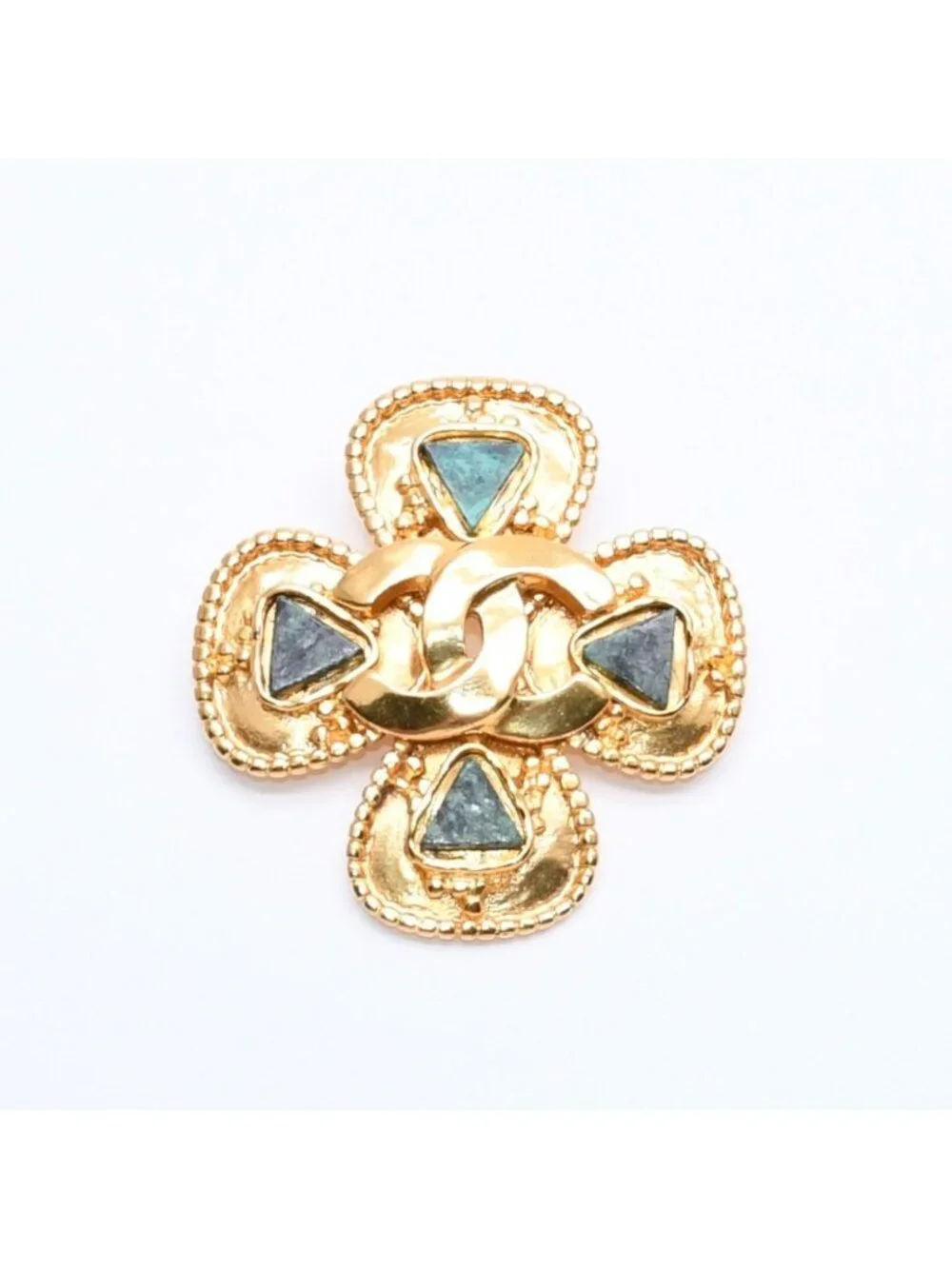 Chanel CC Logo Gripoix Brooch Clover Shape Color Stone Gold Green Metal Plated